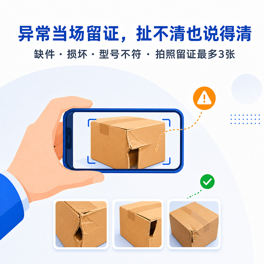 缺件、损坏、型号不符，异常当场留证